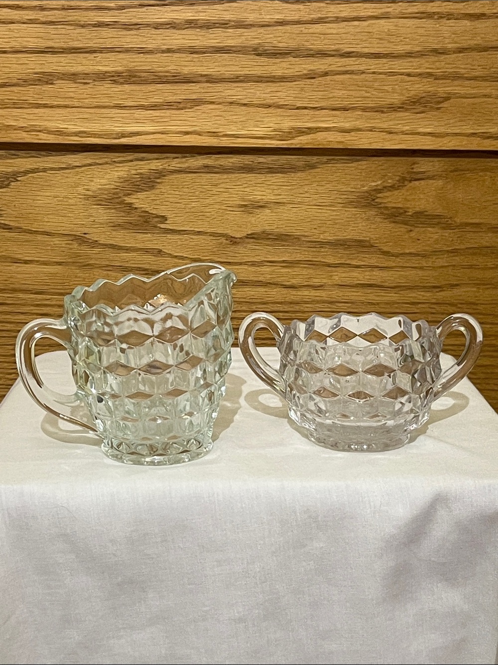 Clear Glass Creamer and Sugar Set - Diamond Cut Pattern